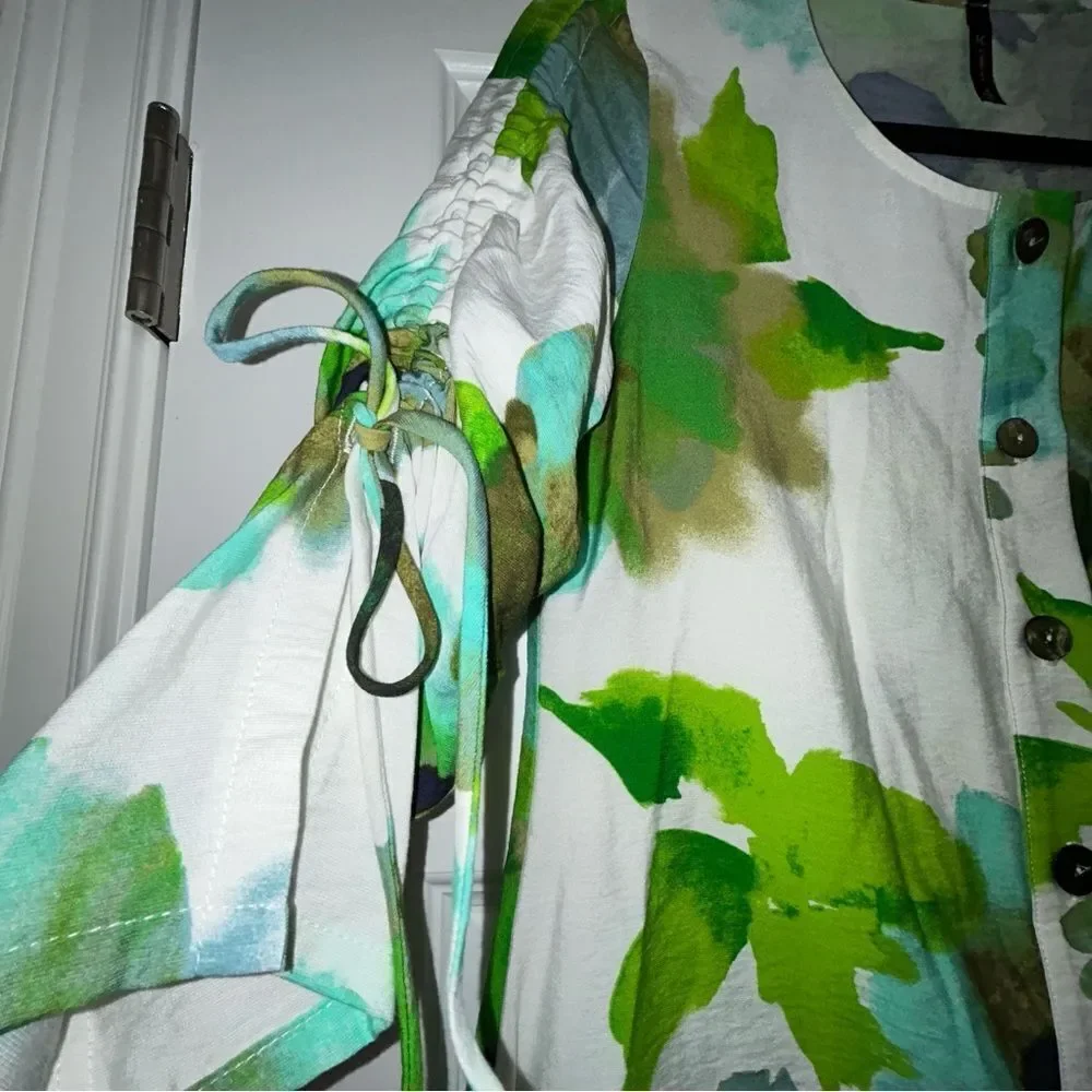 IC by CONNIE K Floral Print Ruched Tie Sleeve 3/4 Button Front Blouse Shirt Top